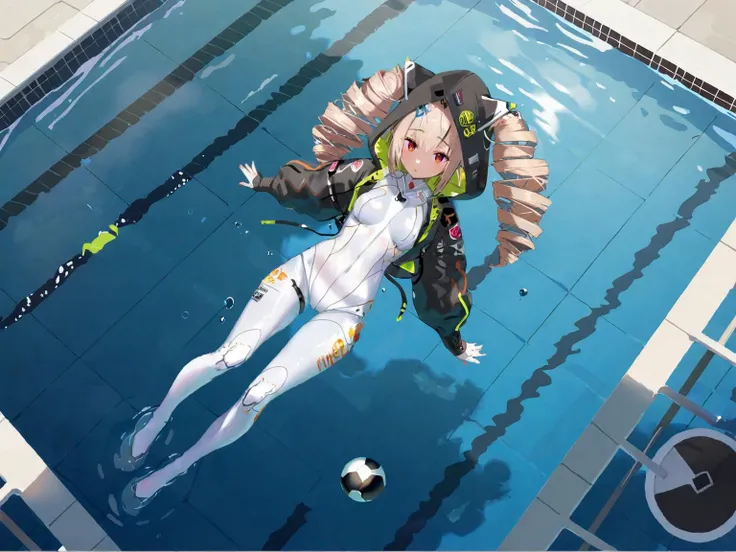 (1girl:1.2),(solo:1.2),masterpiece,best quality,highly detailed,best quality,photo realistic,depth of field,highres,extremely detailed wallpaper,third-party edit,<lora:ShiroLoraXL:1>,(serious expression:1.5),extremely detailed white bodysuit,twin drills,hood,(swimming in the swimming pool:1.2),full body,from above,