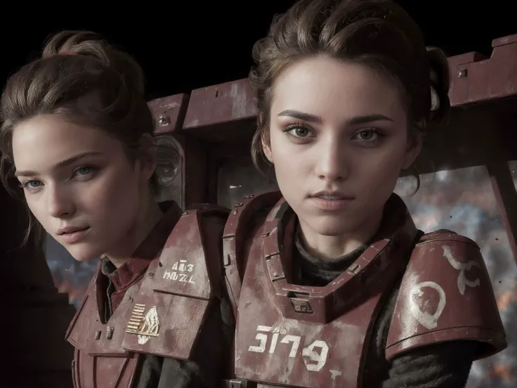 1girl, close shot professional photo of a woman, sharp focus, detailed skin texture, detailed eyes, detailed hair, <lyco:warhammer 40k imperial guardsman:.7>, rifle, sword, laser gun, red military uniform, collar, soldier, astra militarum, imperial guard, warhammer, wh40k, <lyco:KFE:.5> mixed with emb-babs mixed with d1annaagr0n mixed with <lyco:ERS:.5>, dark hair, background is a massive cityscape, battle, huge explosion in the background, the distant future, 1942, color photo, <lyco:nomomassive:.7>