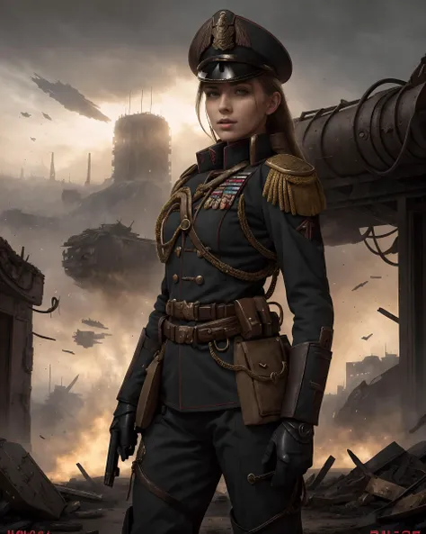 1girl, beautiful woman, <lyco:dieselpunkai_9MB:.3> <lyco:InfernalAIv8:.3> <lyco:nomomassive:.3> <lyco:warhammer 40k commissar:1.0>, astra militarum, commissar uniform, imperial guard, soldier, background is massive cityscape, destroyed city, c4ndice mixed with alisonbrie mixed with sydsweeney97 mixed with c4rmr0se