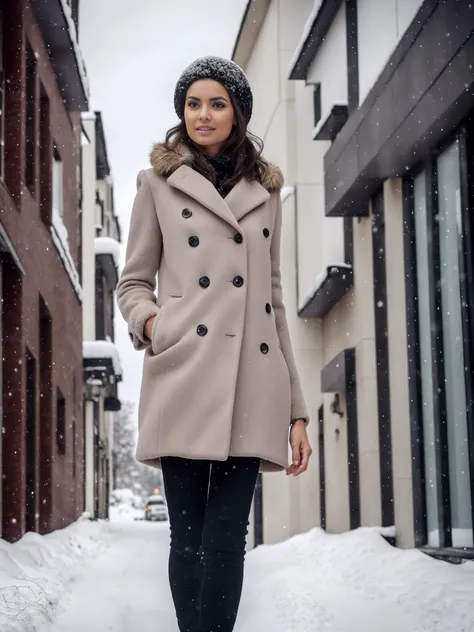 <lyco:PS_Miyabi:1.0> , professional portrait photograph of a gorgeous woman in winter clothing, detailed skin texture, wearing elegant winter fashion clothing, ((standing outside in snowy city street)), stunning modern urban upscale environment, elegant, highly detailed, intricate, sharp focus, depth of field, f/1. 8, 85mm, close shot, (centered image composition), (professionally color graded), ((bright soft diffused light))