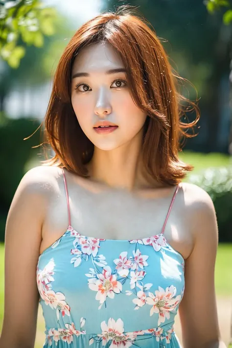 20 years old woman, at park, (light blue floral dress), RAW photo, (photorealistic:1.37, realistic), highly detailed CG unified 8K wallpapers, 1girl, (medium hair:1.4) (thick body:1.4) , looking at viewer, (((straight from front))), (HQ skin:1.2, shiny skin), 8k uhd, dslr, soft lighting, high quality, film grain, Fujifilm XT3, ((dynamic pose:1.2)) ((upperl body:1.6)) (professional lighting:1.6) , <lora:livyrenata_v1.0:0.9> livyrenata