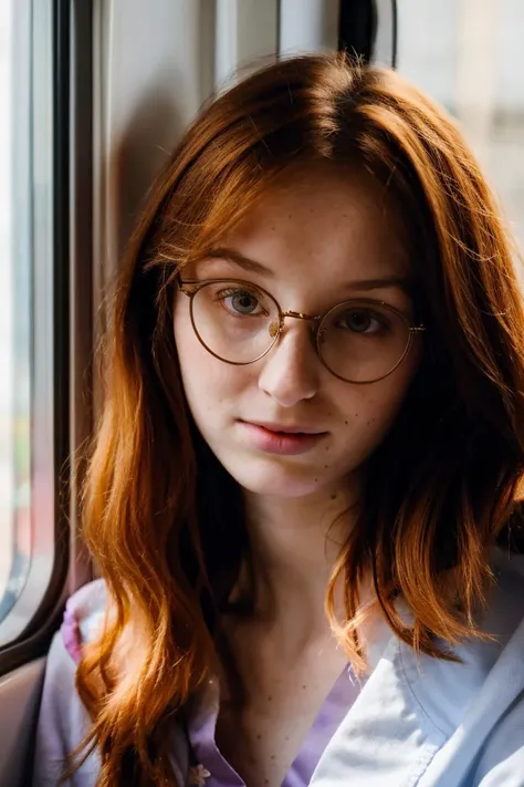 a stunning intricate full color portrait of a beautiful pale woman, 18 year old, Housecoat and bedroom slippers, aboard a busy commuter train, happy, Sharp Focus, low key lighting, shot on Lumix GH5, cinematic bokeh, detailed skin, horn-rimmed glasses <lora:RedF:1>