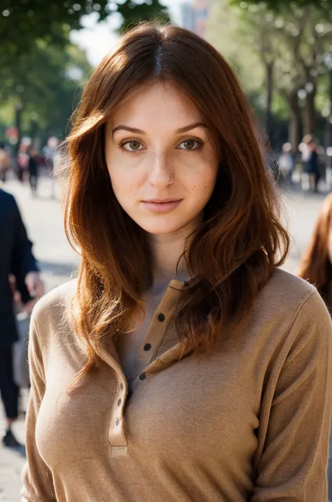 A stunning intricate full color portrait of a 28 year old woman,appareled in a beige henley, Illustrious Battery Park, NYC, large crowd, natural lighting, epic character composition,by ilya kuvshinov, alessio albi, nina masic,sharp focus, subsurface scattering, f2, 35mm, film grain <lora:RedF:1>