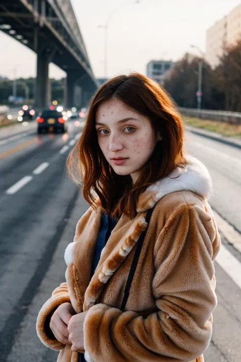 a stunning intricate full color portrait of a beautiful pale woman, 18 year old, Furry animal suit, amid a vacant highway, having fun, bounced lighting, dreamy haze, detailed skin, skin blemish, sharp focus, shot on HOLGA 120n, Lomochrome color film, <lora:RedF:1>