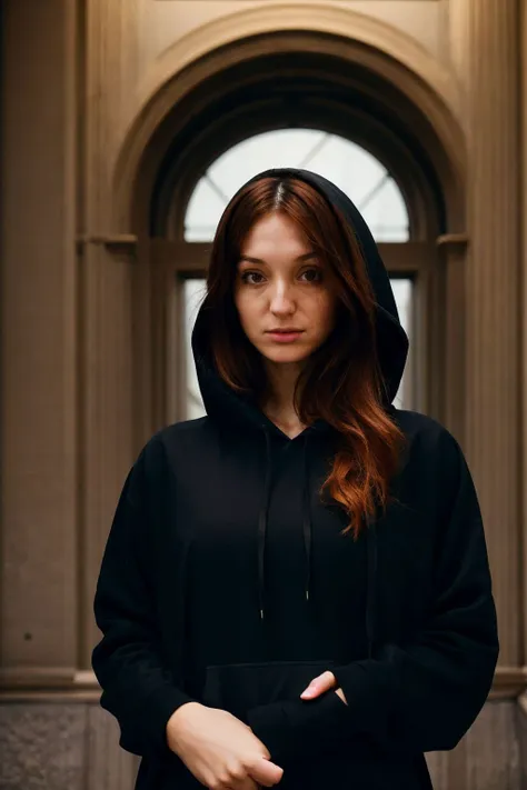 Instagram picture of a beautiful woman, wearing a black hoodie, Metropolitan Museum of Art, New York, shy, epic character composition,by ilya kuvshinov, alessio albi, nina masic,sharp focus, subsurface scattering, f2, 35mm, film grain <lora:RedF:1>