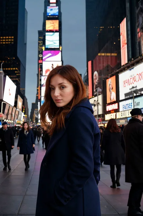 A stunning intricate full color portrait of  a  28 year old woman,wearing  a navy blue coat, Famous Times Square, NYC, large crowd, shy, epic character composition,by ilya kuvshinov, alessio albi, nina masic,sharp focus, subsurface scattering, f2, 35mm, film grain <lora:RedF:1>