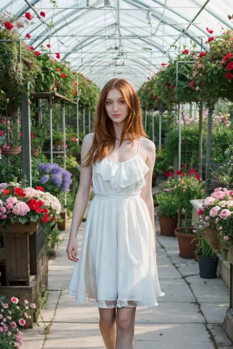 Instagram picture of a 25 year old pale woman,wearing sporting a flowing summer dress, ornamental greenhouse with rare flowerss, epic character composition,by ilya kuvshinov, alessio albi, nina masic,sharp focus, subsurface scattering, f2, 35mm, film grain <lora:RedF:1>