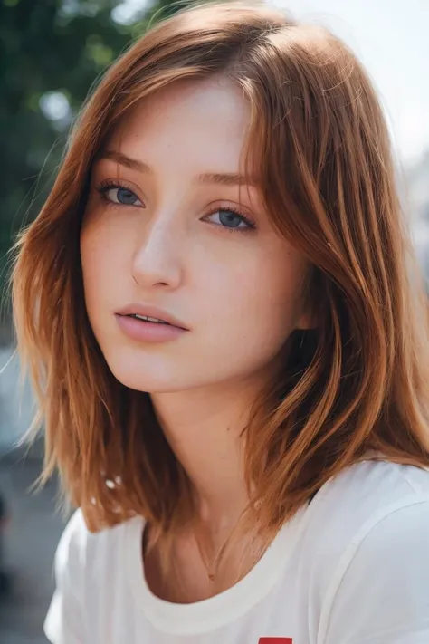A stunning intricate full color portrait of a woman,wearing jeans and white t-shirt, crowded street, epic character composition,by ilya kuvshinov, alessio albi, nina masic,sharp focus, natural daylight, subsurface scattering, f2, 35mm, film grain <lora:RedFox:1>