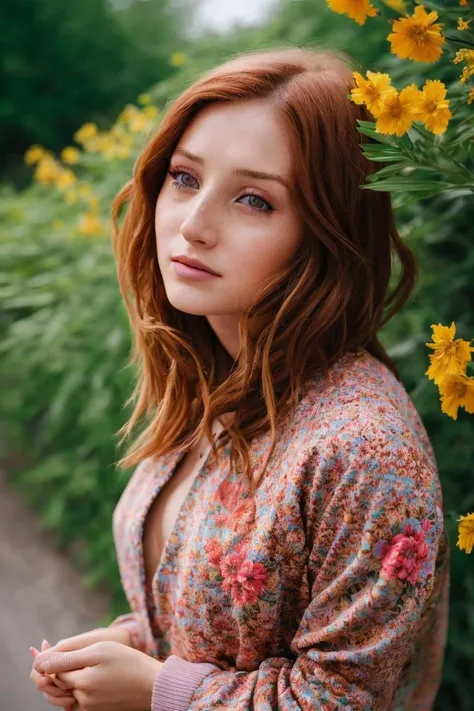 A stunning intricate full color portrait of a woman,wearing a floral pullover, having fun, epic character composition,by ilya kuvshinov, alessio albi, nina masic,sharp focus, natural lighting, subsurface scattering, f2, 35mm, film grain , portait, closeup, very detailed skin texture  <lora:RedFox:1>
