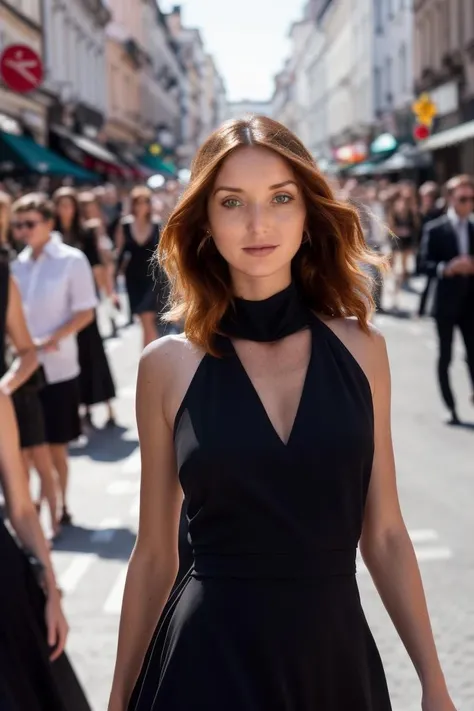 A stunning intricate full color portrait of a woman, wearing a long high neck black dress, crowded street, spectators, happy, epic character composition,by ilya kuvshinov, alessio albi, nina masic,sharp focus, natural lighting, subsurface scattering, f2, 35mm, film grain, full body in the picture <lora:RedF:1>