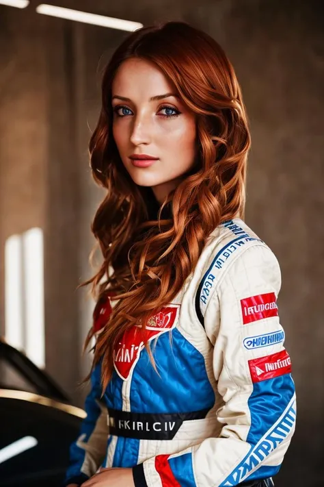 A stunning intricate full color portrait of a woman,wearing a race driver outfit, racing car in background, happy, epic character composition,by ilya kuvshinov, alessio albi, nina masic,sharp focus, natural lighting, subsurface scattering, f2, 35mm, film grain , (straight hair) <lora:RedFox:1>