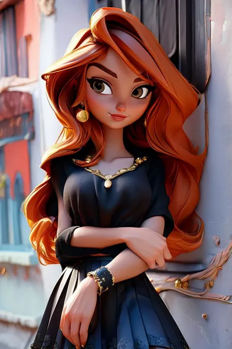 beautiful woman wearing a black skirt, intricate details, happy <lora:RedF:1>