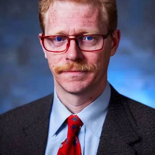 portrait Photo from 2005 film.  In a police office hallway. A middle-aged red-haired sks man with a mustache and dark brimmed glasses is staring towards camera. Light Blue Business shirt. Grey waistcoat vest. Red and blue striped tie. Grey pants.  Dramatic Noir lighting.  Full color. Sharp clean crisp picture. Bokeh. Lens flair.