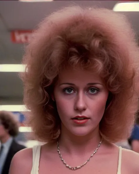 a vintage 1980s photo of attractive female sks woman, with glamorous curly 1980s hair, walking around the inside of a 7 eleven. 35mm, 4k, scorsese, panavision