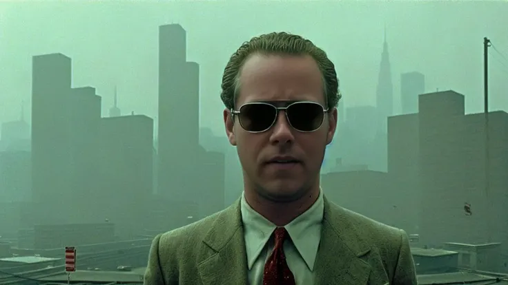 a vintage 1970s photo of skinny sks man wearing sunglasses, with a big perm, wearing a vintage 1970s suit, smirking, looking serious, face, full body, kodak, 35mm, A futuristic Cityscape in the style of Blade Runner and Ralph McQuarrie. Smog. Industrial. Neon.