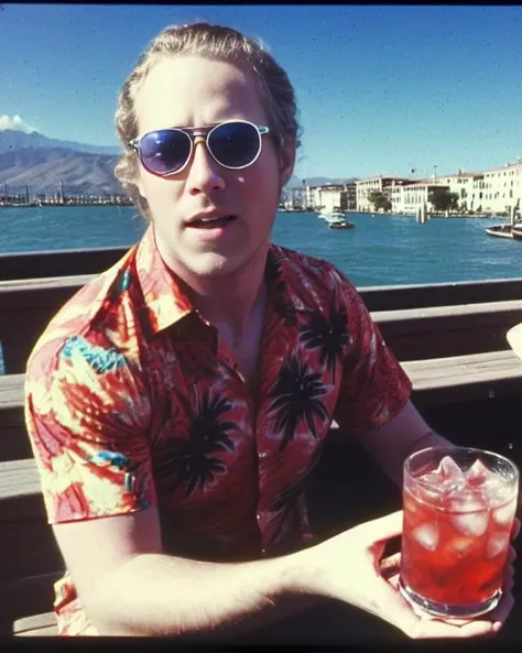 a vintage 1970s photo of sks man, with a perm, wearing sunglasses, in a hawaiian shirt drinking a cocktail, at an outside cafe, in Venice beach.