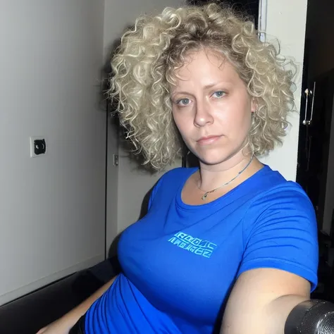 a female sks woman, in a blue tshirt, large bust, full face, staring at camera, face forward, expressionless, oily skin, curly hair, in a living room