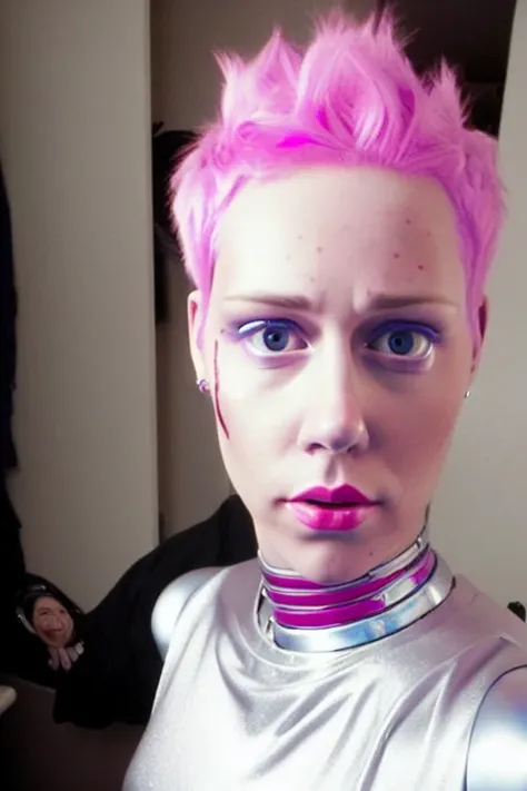 A skinny attractive sks female is an android cyborg bio mechanical person. She has pink cute hair. Face Closeup. She is wearing a silver spandex cat suit. She's walking inside a grey desert with a night sky.