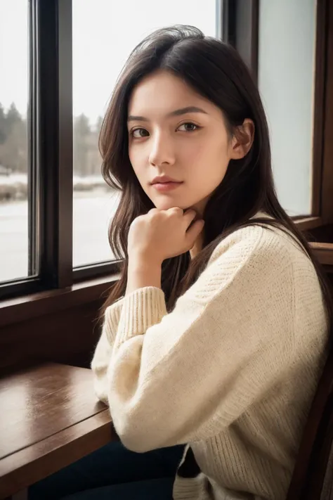 HDR photo of a detailed portrait of a young, beautiful Swedish woman seated in a cozy cafe, Nordic features, captivating eyes, and natural beauty, warm ambiance, soft lighting and subtle, inviting decor, tranquil backdrop, RAW photo, (high detailed skin:1.2), 8k UHD, DSLR, soft lighting, high quality, film grain, Fujifilm XT3, epiCPhoto, A style of drawing that uses a plain, neutral background to draw attention to the subject of the drawing . High dynamic range, vivid, rich details, clear shadows and highlights, realistic, intense, enhanced contrast, highly detailed