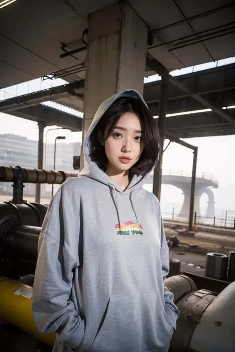 ((upper body:1.5)) 1girl stands in the center,short hair,She is located in a misty industrial pipe,  with a lot of tall buildings and big road,Her outfit was cool,casual yet British - (paired with an oversized rainbow hoodie that covered her long legs). With her hair partially falling around her face,her pose exudes a sense of freedom and joy,reflected in the dusty dark and misty industrial pipe,
