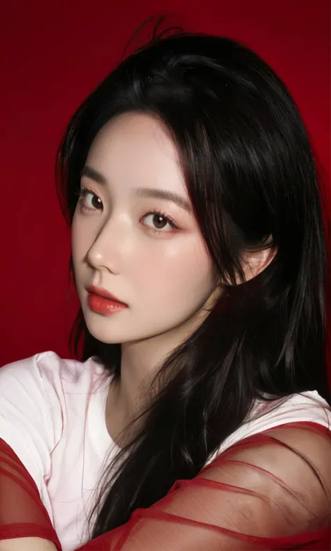 masterpiece, best quality, 1girl, photorealistic skin, pure red background, black hair, floating hair, blush, looking at viewers, white T-shirt, happy, front, upper body, close-up, studio light, soft light, dark style, night style, red light