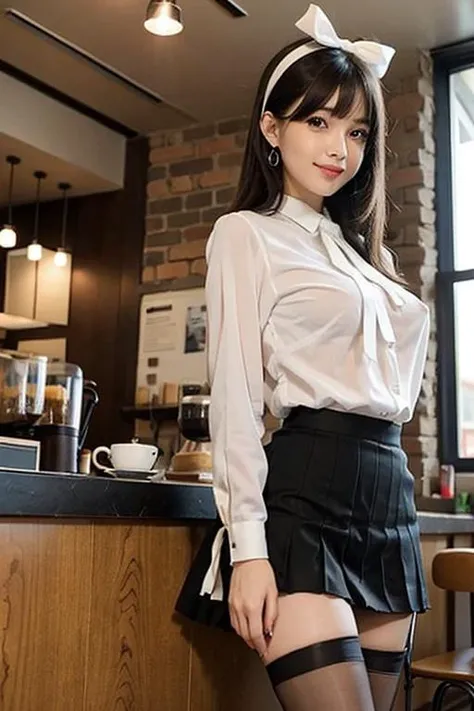 1girl, (18 years old:1.2), teenage, cute girl, famous japanese idol, kawaii, realistic body, petite, fair skin, shiny skin, slender body, good figure, black hair, (straight hair:1.2), (blunt bangs:1.2), smile, cute, young, cute face, , realistic face, make up, powder blusher, beautifully detailed eyes, drooping eyes, round eyes, (beautiful big eyes:1.2), large dark eyes, beautiful and clear eyes, eye make up, eye shadow, double eyelid, tear bag, (white blouse:1.3), (see-through), (under blouse is topless:1.2), (covered nipples:1.3), (nsfw:0.6), (lace:1.2), (black pleated skirt:1.2), (black bow tie:1.1), earrings, (hair ribbon:1.2), ((from below)), looking at viewer, cameltoe, (stocking:1.4), <lora:20d_v10:0.5>, indoors, (cafe, coffee shop:1.4),