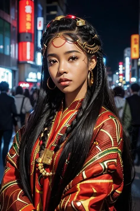 ((photo of a ((african american woman with african hair)) in her 30's within the tokyo streets)) up close image, sci-fi clothing , futuristic like city, highly detailed face, mixed patterns, (night time), (glowing headpiece), red glowing accessories , fan ho style, photography <lora:FilmG2:0.2>