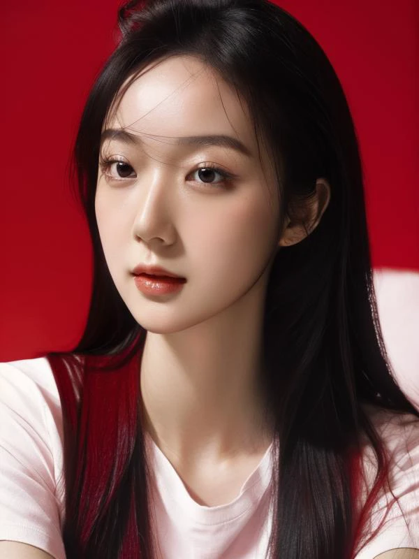 masterpiece, best quality, 1girl ,pure red background, black hair, floating hair, blush, looking at viewers, white T-shirt, happy, front,upper body, close-up, studio light, soft light, dark style, night style, red light