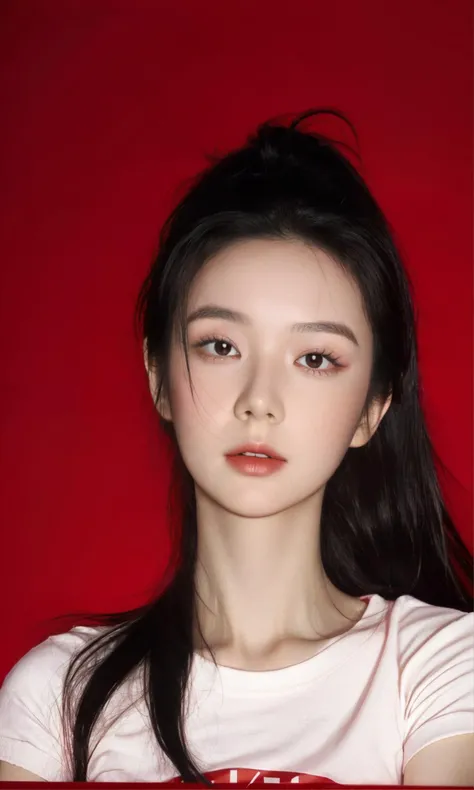 masterpiece, best quality, 1girl, photorealistic skin, pure red background, black hair, floating hair, blush, looking at viewers, white T-shirt, happy, front, upper body, close-up, studio light, soft light, dark style, night style, red light