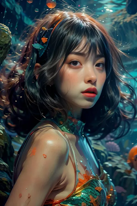 <lora:AI_Kaori:1.2>, ((cinematic))
(masterpiece),best quality,ultra high res,(fantasy:1.4),pureerosface_v1,1 girl,full body,The Mermaid of China,(fish scale skin:1.5),(fish tail:1.1),mermaid, underwater,Swimming,Beneath the sea,Dark Fairy Tales,floating hair, dark,Light on the face,reefs under the sea,(Depth of field:1.4),Transparent jellyfish,(In the background there is a palace under the sea:1.1), <lyco:GPTS5 Heavy_387306:1>, <lyco:GPTS6 Hella-sthetic_424353:0.2>,multicolored background, sea demon, orange spots in the background, <lora:waterbending:0.3>, <lora:add_detail:1>, Duy Huynh