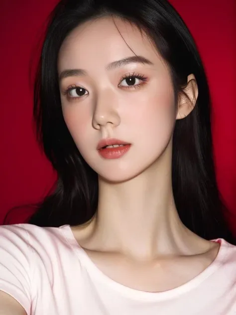 masterpiece, best quality, 1girl ,pure red background, black hair, floating hair, blush, looking at viewers, white T-shirt, happy, front,upper body, close-up, studio light, soft light, dark style, night style, red light