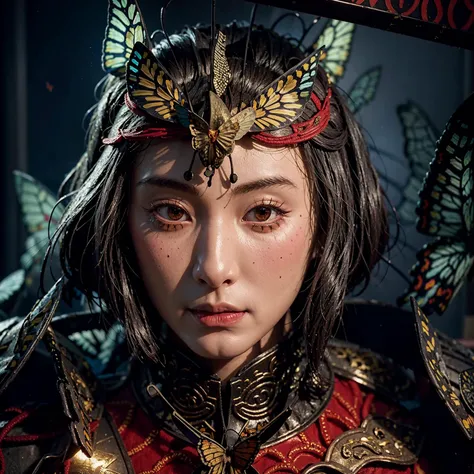 samurai, (girl:1.5), realistic, japanese, armor, <lora:samuraiLoraV01:0.7>, <lora:EABA_v02:0.35>, (engraved armor:1.3), (samurai helmet), ((looking at viewer)), (Butterfly Lighting:1.6), indoors, japanese background, red hair, cinematic, <lora:80s Japan 2:0.8>