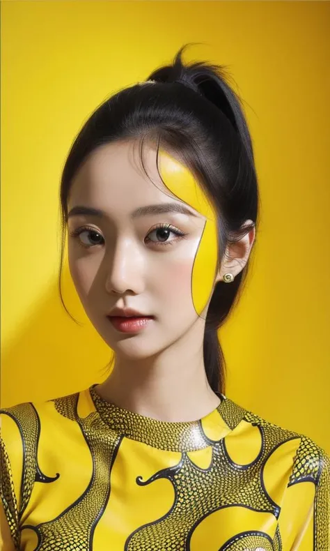 masterpiece, top quality, best quality, standing in centre, 1girl, black hair, upper body, symmetrical composition, wear yellow abstract patterns dress bold lines, geometric shapes, pure yellow abstract patterns background, studio light, studio portrait, emotional face, face front, extreme detailed