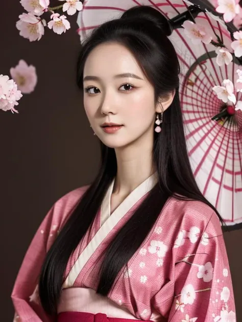 Masterpiece, top quality, 1girl, standing in center, long black hair, full body, wearing traditional Japanese kimono with cherry blossom pattern, cherry blossom background, studio light, serene expression, face front, extreme detailed.