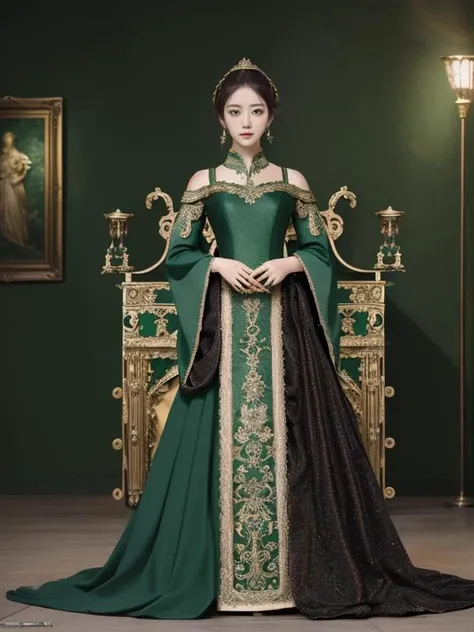 Masterpiece, top quality, best quality, official art, beautiful and aesthetic a anime woman and a machine she was using, in the style of ornate complexity, dark green and light bronze, abstraction-création, elaborate costumes, light green and gray, varying perspectives, light gold and bronze.