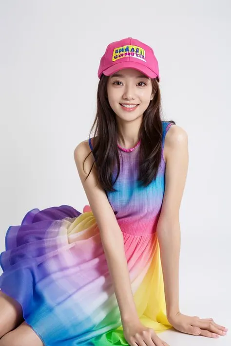 1girl, smile, happy, studio light, ((many colorful candy and sugars and lollipop, wear a hat made off candy)), ((a dress made of lollipop, studio light, background is gradient candy and lollipop))