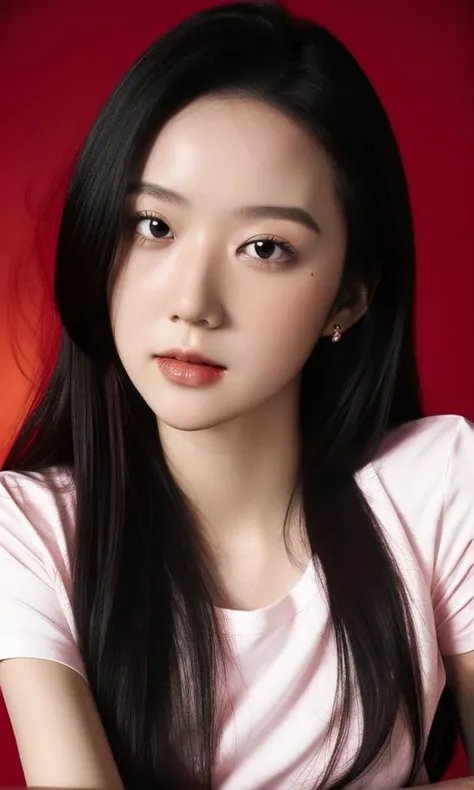 masterpiece, best quality, 1girl ,pure red background, black hair, floating hair, blush, looking at viewers, white T-shirt, happy, front,upper body, close-up, studio light, soft light, dark style, night style, red light