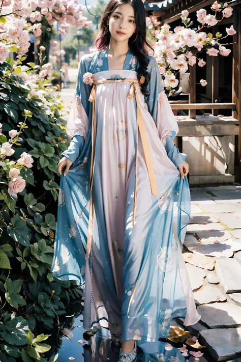 <(best quality, extremery best quality, masterpiece:1.5), (realistic, intricate details:1.2), (photorealistic:1.4), (extremely intricate:1.2), highres, ultra highres, ultra-detailed, absurdres, incredibly absurdres, extremely detailed, high quality, high resolution, hyperrealistic, ultra-realistic, hyper-detailed, top quality, best, fine detail, massive detail, Highly detailed, extreme detailed, highest detailed, high-res, absolutely resolution, reflection, (refraction:1.4), (hyperrealism:1.2)>, BREAK, 1girl, solo, looking at viewer, flat bangs, (young cute beautiful 18-year-old girl:1.1), 3d face, beautiful girl, Beautiful face, pretty, girlface, kpop idol, supermodel, stunning innocent symmetry face, (hand of Guido Daniele), perfect body, medium breast, slim waist, slim legs, (high detailed skin:1.2), glowing eyes, goddess, natural skin texture, shiny skin, White skin, Beautiful detailed face, detailed face, real skin texture, cute delicate face, finely detailed face, golden ratio, golden ratio face, expressive eyes, perfect face, perfect skin, flawless face, clear face, shiny hair, pale skin, Proper body proportion, perfect anatomy, realistic skin texture, luscious lips, glossy lips, natural makeup, beautiful bright pupils, slender figure, intricate eyes, detailed pupils, detailed face and eyes, longeyelashes, blush, good hand, perfect hands, pretty face, beautiful female bodies, finely detailed skin, oily shiny skin, BREAK, (((((golden hour, Sakura tree background, petals falling, dawn light, cobblestone pathway, building pavilion, chinese buildings, moutains, misty lake, ancient chinese background, puddle, after the rain, wet grass and trees, (sky overcast with a rainbow), (sunlight reflection), flower sea, in a meadow, (waterfall:1.2), ((breeze)), flying splashes, flying petals, leaves, nature, river, (forest), (bloom), bloom effect, detailed beautiful grassland with petal, flower, butterfly, petal, (((surrounded by heavy floating petal flow))), flowers, (black hair:1.3), (hanfu), (chinese clothes), ((floral print)), ((green/blue/yellow/pink/white/blackmagnificent print long sleeves)), ((pink/white/black/green/blue/yellow print see-through dress)), red lips, (chinese style countryard), (pond), (fullbody:1.3), (Luminescent Particles:1.4), (glow:1.1), beautiful sunset, wind, fog, (Pink hair:1.3), outdoors, (wavy hair), (long hair), (ahoge), (violet eyes), (golden accessories), (iridescent colors), watercolor, available light, detailed light, smile, volumetric fog, beautiful lighting, colorful refraction, Rembrandt lighting, Cinematic, pixel art, game art, key visual, surreal, PBR Texturing, Anisotropic Filtering, Maximum Clarity And Sharpness, Albedo And Specular Maps, Multi-Layered Textures, Surface Shading, Sub-Pixel Convolution, Sub-Pixel Convolution, Accurate Simulation Of Light-Material Interaction)))), BREAK, <blurry foreground, broad light, volumetric light effect, matte painting, perfectly defined features, volumetric lighting, Tone Mapping, Lumen Reflections, Global illumination, Ray Tracing, Screen Space Global Illumination, Accent Lighting, 32k, Natural Lighting, volumetric, cinematic masterpiece, Rule of thirds, high dynamic range, Multi-exposure HDR capture, cinematic render, game cg cinematic, atmospheric perspective, scene, epic dynamic frame, motion blur, ((cinematic look, Film look)), rim light, 4k textures, adobe lightroom, photolab, insane details, hyperdetailed, exposure blend, professional color grading, professional color correction, aerial perspective, particles and dust in beams of light, cinematic scene, dynamic lighting, sharp details, lomography, soft focus, light leaks, bold hues, atmospheric depth, (explosive light and shadow:1.2), aesthetics, intricate designs, ultra realistic digital art, (zentangle, mandala, tangle, entangle), (fractal art), elegant, vivid colours, floating particles, particles, dramatic, epic, (ink drawing, oil painting detailed), (dramatic lighting:1.2), (eye focus, face focus, character focus, close-up face:1.3), (dutch angle, cowboy shot:1.1), RAW, huge filesize, extremery detailed CG, Photo, 8k uhd, cinematic atmosphere, trending on artstation, award-winning glamour photograph, highly detailed photo, official art, beautiful and aesthetic, unity 8k wallpaper, beautiful, highly detailed CG illustration, best illustration, intricate, Amazing, emotional, analog, painting, digital painting, concept art, Oil Painting, illustration, Classical art, Renaissance, Romanticism, Neoclassicism, Color Palette, depth and contrast, Vibrant colors, saturated, rich saturation, color harmony, vivid palette, concept-art, design style, detail character, concept render, colorful, analog photography, dreamy atmosphere, specular highlights, atmospheric lighting, (dynamic angle, dynamic pose :1.3), (shiny, clothes reflecting light, lens flare, bloom effect, light particle, lens glare:1.3), realistic lighting, cinematic light, (cinematic lighting), light in the face, soft lighting, saturated colors, detailed background, sharp focus, 8k high definition, perspective, Master Composition, roughness, post-processing, soft shadows, realistic shadows, ambient occlusion, ray-tracing, subsurface scattering, photon mapping, physically-based rendering, octane rendering, unreal engine 5, ue5 rendering, Adobe After FX, dslr, RTX, Best character details, radiosity, sharp, antialiased, RAW photo, HDR, 8k, 4k, (((Photographed by Roger Deakins, using a RED Monstro 8K VV camera and a series of high-end lenses))), ((Hasselblad photography)), (film grain:1.4), Kodak portra 400, ((Fujifilm X-T5)), professional photograph, depth of field, caustics, Broad lighting, diffuse lighting, rim lighting, two tone lighting, textile details, visible pores, high resolution scan, professionally color graded, photographic reality, automatic white balance, best lighting, detailed shadow, high contrast, strong light and shadow>, (PureErosFace_V1:0.5), (ulzzang-6500:0.5), <lora:epiNoiseoffset_v3:0.1>, (kbxll:0.6), <lora:FilmVelvia2:0.1>, <lora:tang_hanfu:0.7>, <lora:add_detail:0.1>