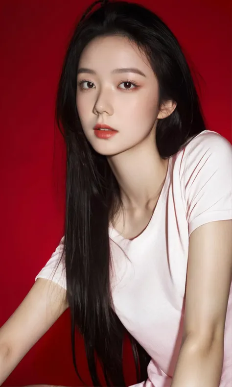 masterpiece, best quality, 1girl, photorealistic skin, pure red background, black hair, floating hair, blush, looking at viewers, white T-shirt, happy, front, upper body, close-up, studio light, soft light, dark style, night style, red light