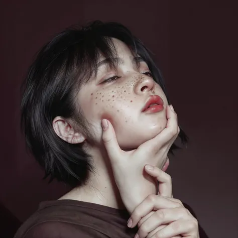 black hair, realistic, short hair, solo focus, 1girl, shirt, black shirt,( closed eyes:0.9), 1boy, lips, simple background, out of frame, red_nose,Film, freckles,(eye makeup:1.3), Lipstick,gloss,suffocation,