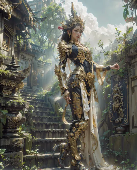 masterpiece, best quality, 1girl, blue and gold bodysuit, black java kebaya dress traditional bodysuit, decorating dress armor, full body , decorating mecha bodysuit, long hair, mechanical arms, mechanical foot, medium breasts, scarf, science fiction, solo, standing, landscape, baligapura gate background, bali, stone statue, wall stone, village, stone stairs, yellow cloth, detailed, ornament, bali, tree, grass, flower, frangipani flower tree, epic, dawn, night, moon, yellow light lamp, fog, dramatic lighting, dim light, ornate, detail, flowers, bokeh, <lora:ARWJavaWeddingWoman:1> <lora:ARWBaliGapura:1> <lora:Niji:1> <lora:BaliPunkAI:1>
