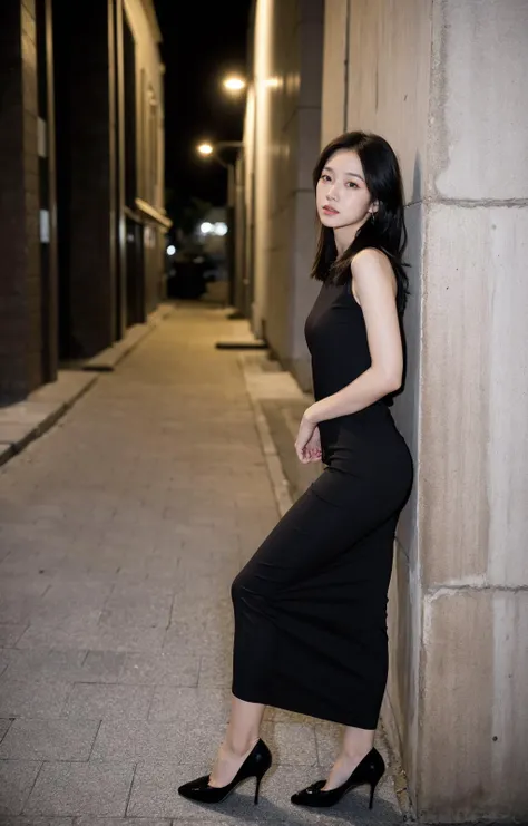 realistic, masterpiece, best quality, extremely detailed, a girl in sexy clothes leaning against a brick wall at night with a person walking by her side of the street, dynamic angle, noir, a stock photo, neoism