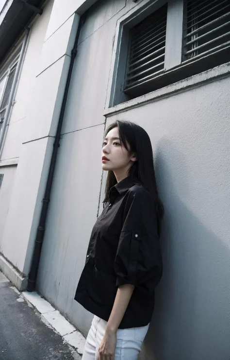 realistic, masterpiece, best quality, extremely detailed, night, a girl in fashion clothes stood against the wall at the entrance of a dark alley, (from below, dynamic angle:1.3), noir, a stock photo, neoism