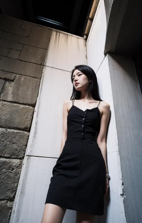 realistic, masterpiece, best quality, extremely detailed, night, a girl in fashion clothes stood against the wall at the entrance of a dark alley, (from below, dynamic angle:1.2), noir, a stock photo, neoism
