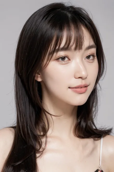 1girl,solo,smile,happy:1,long straight hair,straight bangs,look at viewers,brown eyes,looking at viewer,in studio,pure grey background,detailed skin,detailed face,studio light,parted lips,lips,bare shoulders,(black hair),(close up),messy hair,