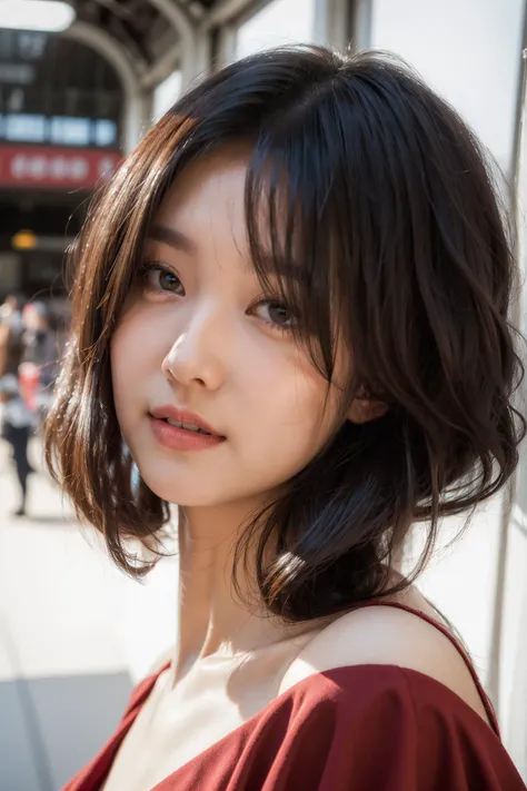 ((best qualtiy, 8K, tmasterpiece:1.3)), Focus:1.2, perfect figure beautiful woman:1.4,  ((Cut hair in layers, )), , (rain, street:1.3), shift dresses:1.1,Black underwear shoulder strap Highly delicate face and skin thick eyebrow eyes, 二重まぶた，Whiten skin，long whitr hair,(with a round face:1.5)