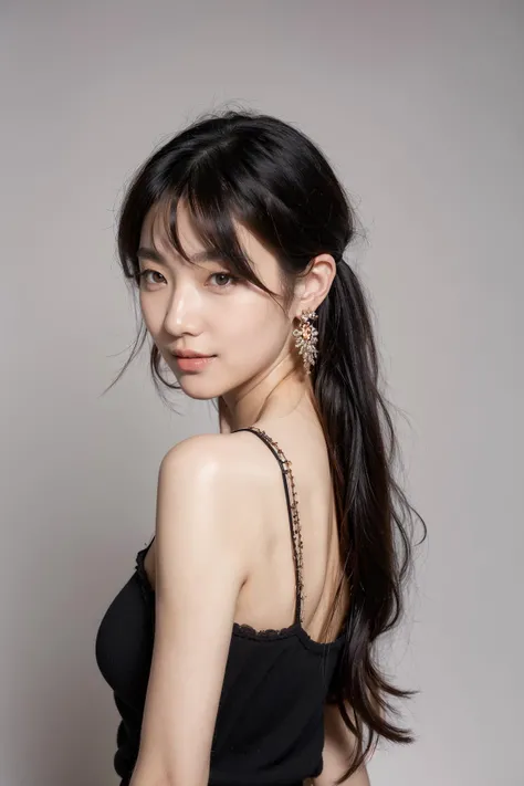 1girl,solo,smile,happy:1,long straight hair,straight bangs,look at viewers,brown eyes,looking at viewer,in studio,pure grey background,detailed skin,detailed face,studio light,parted lips,lips,bare shoulders,(black hair),(close up),messy hair,mugglelight, there is an asian woman that is posing for a picture in a black dress, 1girl, solo, black hair, jewelry, earrings, ponytail, looking at viewer, black eyes, long hair, midriff, arms up, skirt, shirt, sleeveless, breasts, from side,Balayage hair,