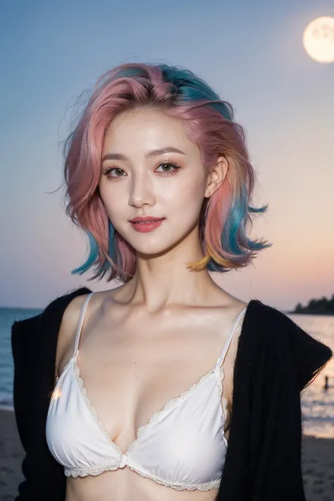 masterpiece,best quality,1girl,white background,black hair,Slicked Hair,face front,smile,upper body:1,studio light,studio,side light,makeup portrait,pink eyeshadow,Canary yellow hair,Royal blue hair,Along a deserted moonlit beach,a daring soul playfully reveals a tempting swimsuit beneath a partially unbuttoned shirt. The soft glow of the moon emphasizes the allure of the seaside escapade.,korean girl,black hair,mugglelight,large breasts,((large pectorals)),
