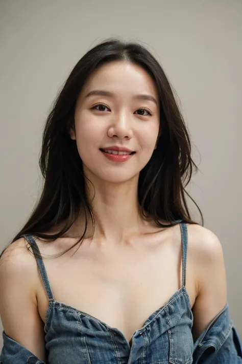 1girl,solo,smile,happy:1,long straight hair,straight bangs,look at viewers,brown eyes,looking at viewer,in studio,pure grey background,detailed skin,detailed face,studio light,parted lips,lips,bare shoulders,(black hair),(close up),messy hair, <lora:model-18:0.75>