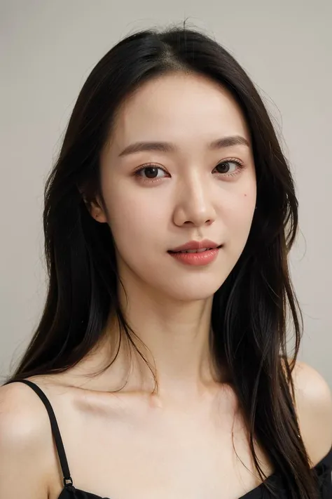 1girl,solo,smile,happy:1,long straight hair,straight bangs,look at viewers,brown eyes,looking at viewer,in studio,pure grey background,detailed skin,detailed face,studio light,parted lips,lips,bare shoulders,(black hair),(close up),messy hair, <lora:model-18:0.75>